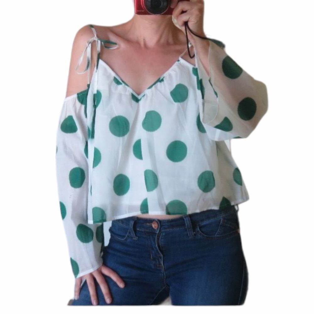 Line and Dot Revolve green polka dots babydoll top blouse open shoulder size Sm